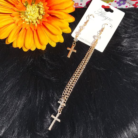 Boho Earrings Cross Bead Goldtone Drop Dangles NWT - Picture 4 of 5